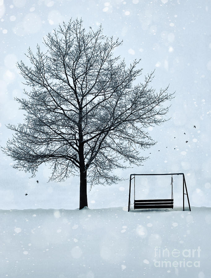 Summer swing abandoned in snow beside tree #2 Photograph by Sandra Cunningham