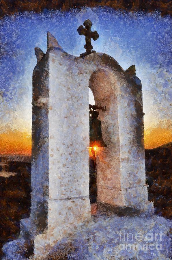 Sunset behind a belfry #2 Painting by George Atsametakis