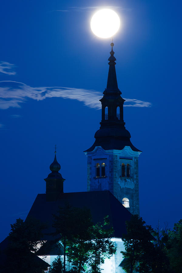 Supermoon over bled Island Church #2 Photograph by Ian Middleton