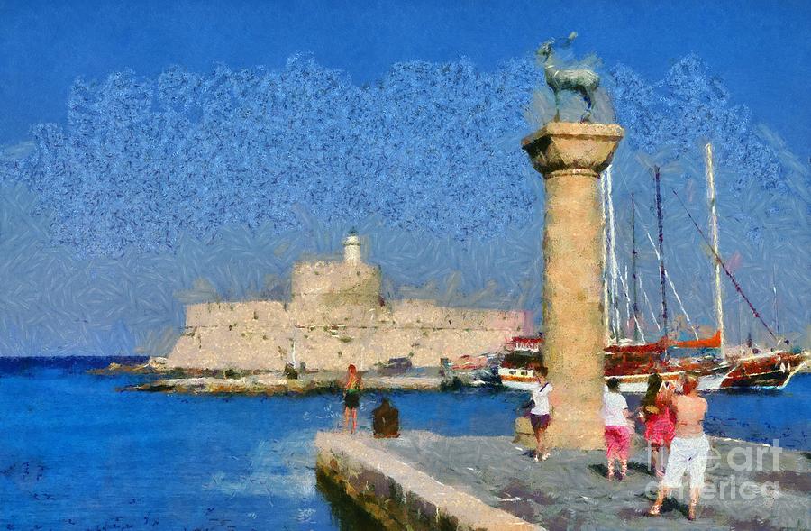 Taking pictures at the entrance of Mandraki port #1 Painting by George Atsametakis