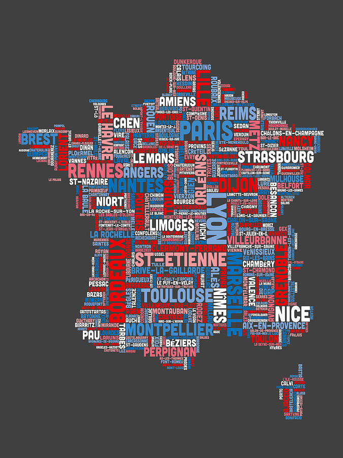Text Map of France Map #2 Digital Art by Michael Tompsett