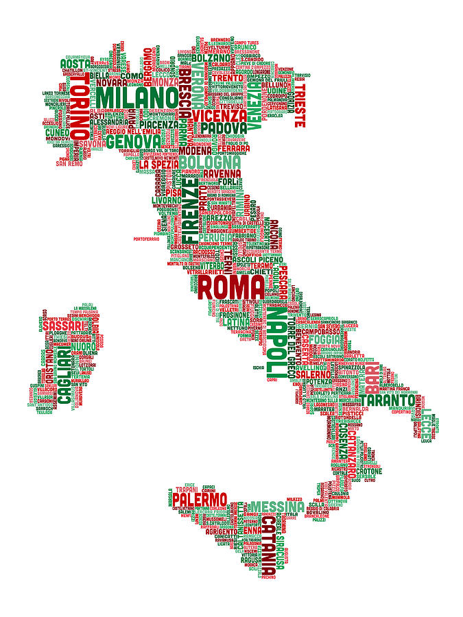 Text Map of Italy Map #3 Digital Art by Michael Tompsett