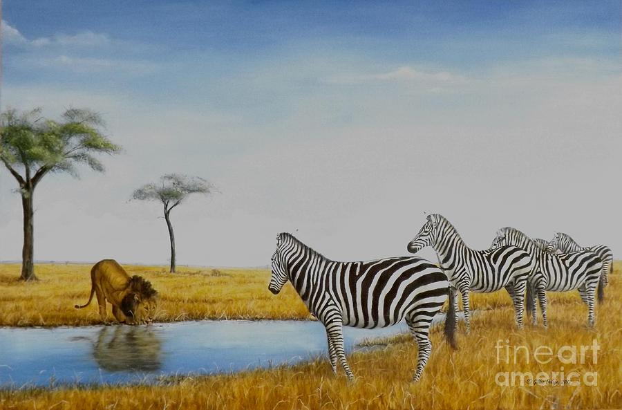 Zebra Painting - The watering hole by Gilles Delage