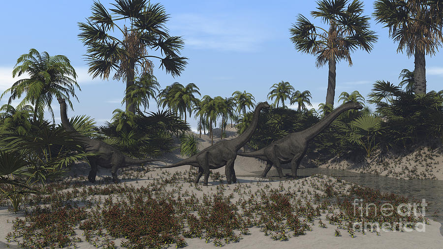 Three Brachiosaurus Dinosaurs Grazing #2 Digital Art by Kostyantyn Ivanyshen