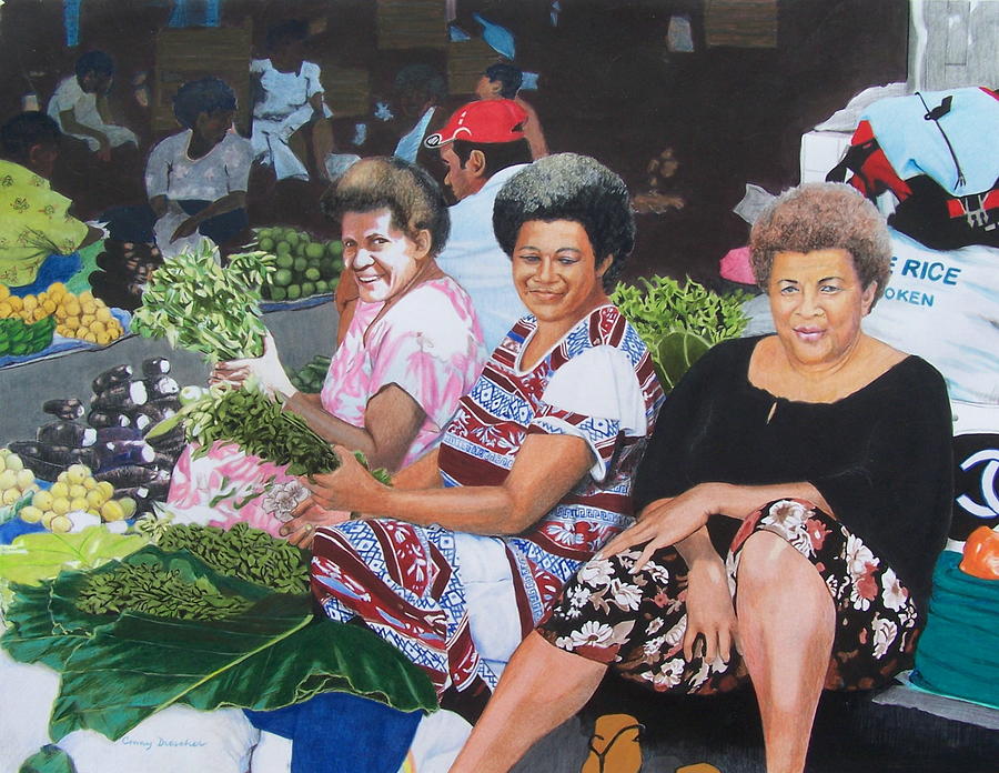 Three Nice Ladies at a Fiji Market Mixed Media by Constance Drescher