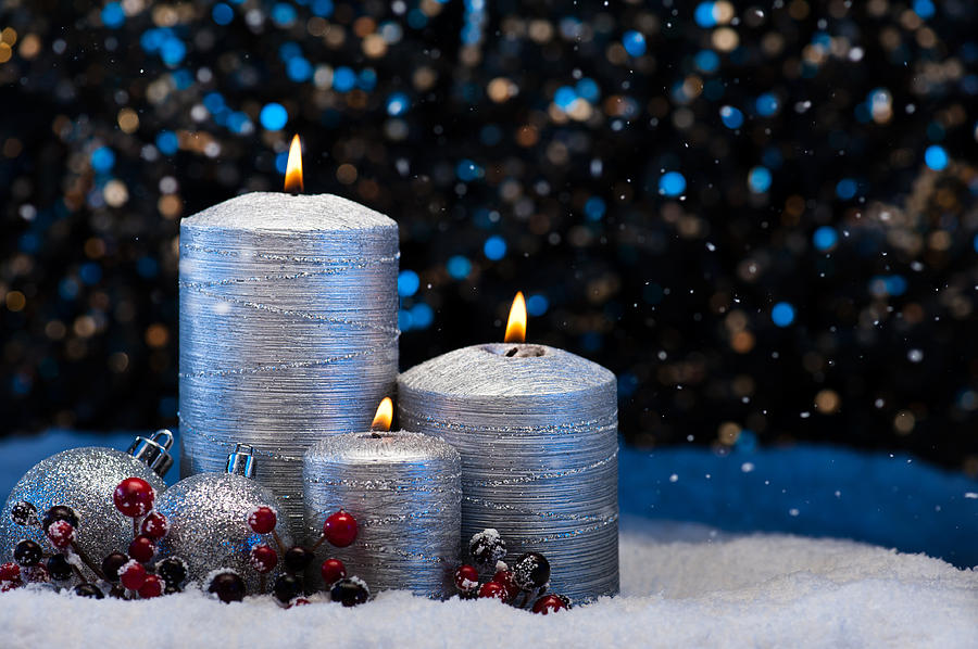 Three Silver Candles in snow  #2 Photograph by U Schade