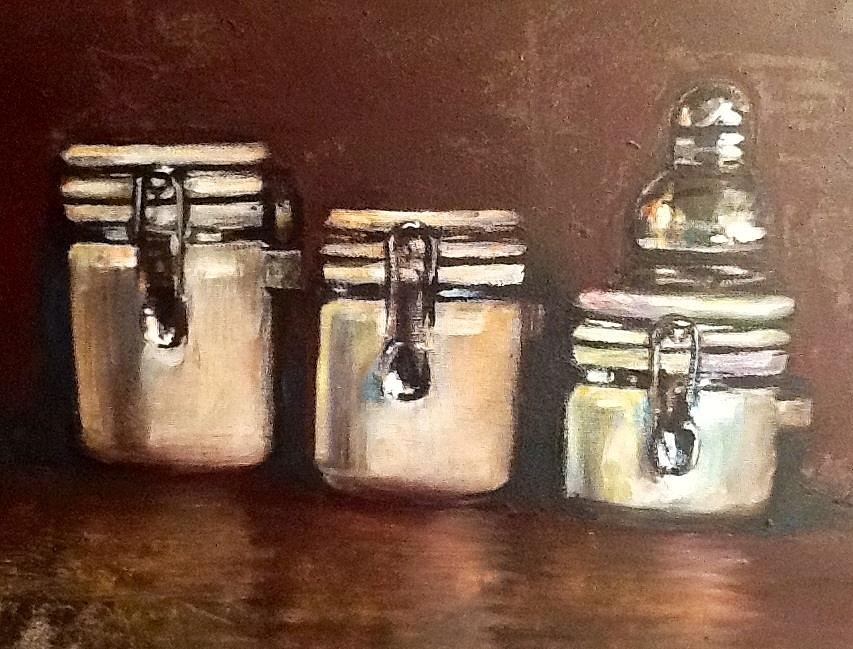 Still Life Painting - Three White Jars #2 by Genevieve Elizabeth