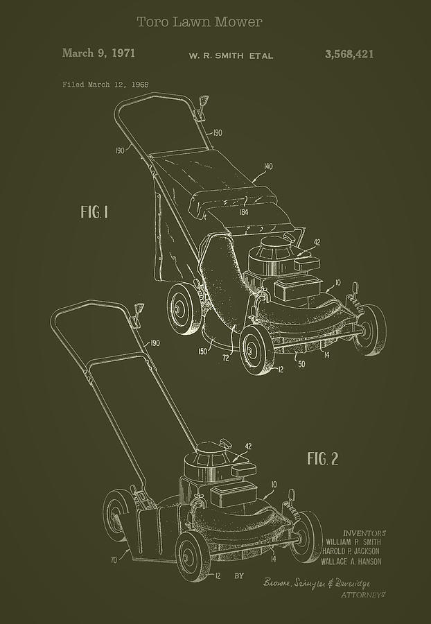 Toro Lawn Mower Patent 1971 #2 Drawing by Mountain Dreams