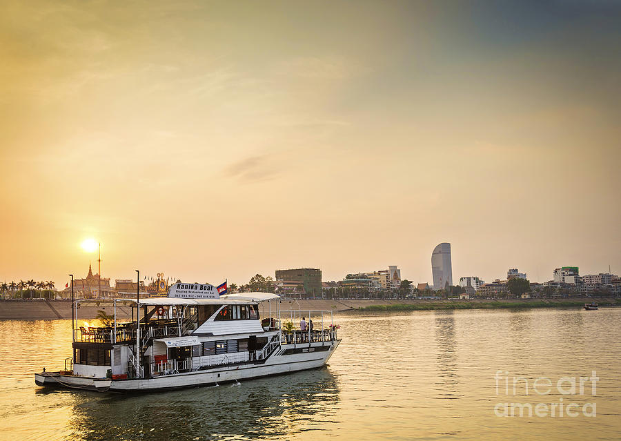 Tourist Boat On Sunset Cruise In Phnom Penh Cambodia River #2 Photograph by JM Travel Photography