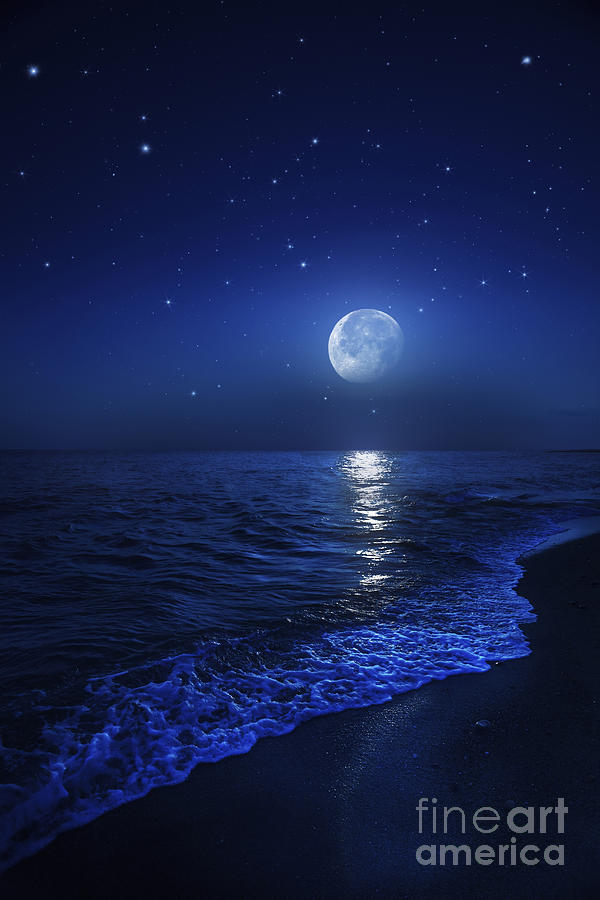 Tranquil Ocean At Night Against Starry Photograph