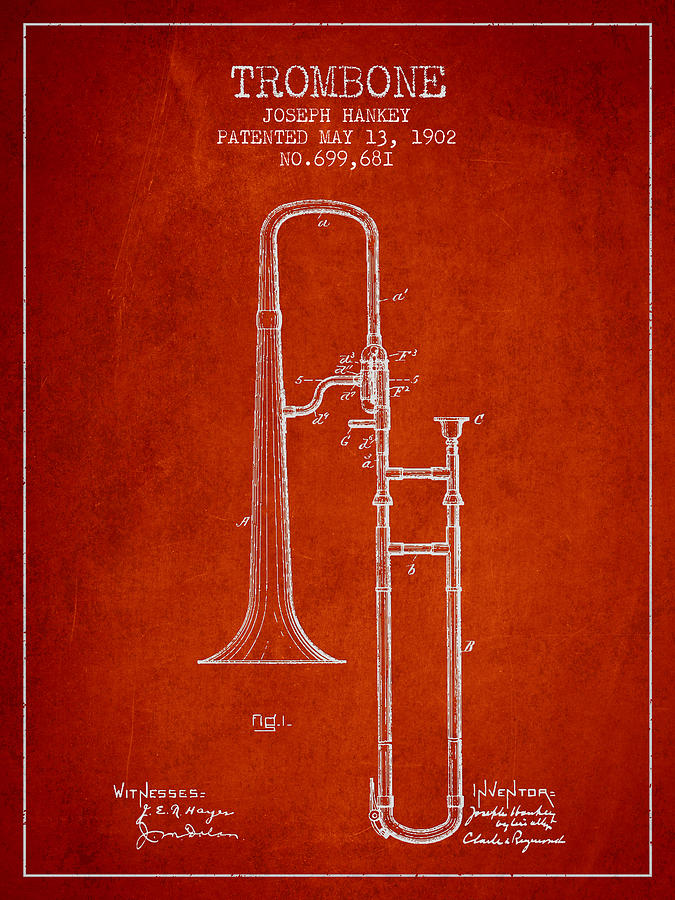 Music Digital Art - Trombone Patent from 1902 - Red by Aged Pixel