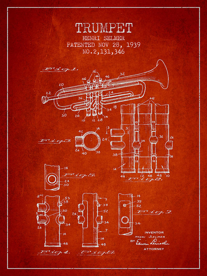 Music Digital Art - Trumpet Patent from 1939 - Red by Aged Pixel
