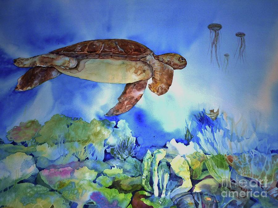 Turtle and Jelly Fish #2 Painting by Donna Acheson-Juillet