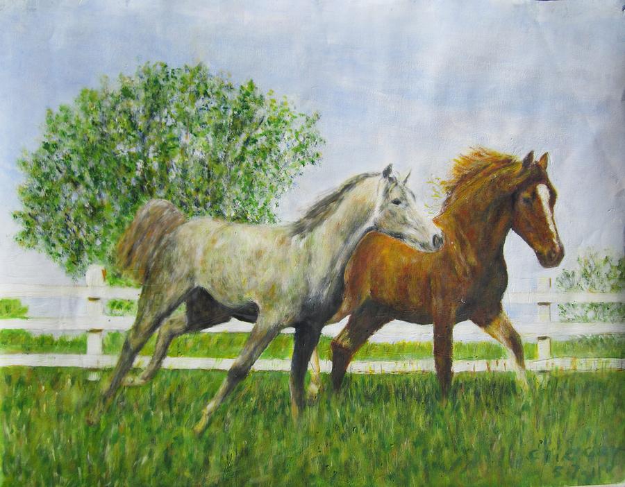Two Horses Running by White Picket Fence Painting by Glenda Crigger