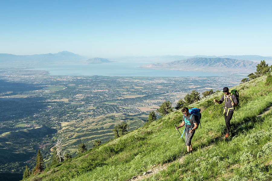 Nature Photograph - Two Men Hike Towards Utahs Lone Peak #2 by Ben Girardi