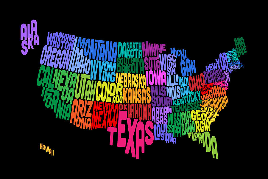 United States Typography Text Map #2 Digital Art by Michael Tompsett