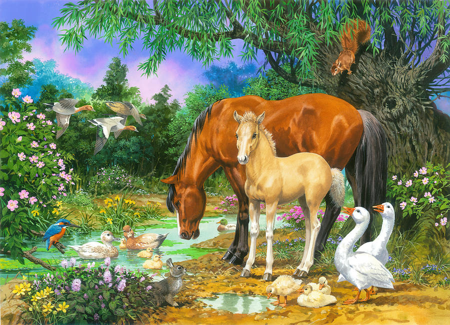 Foal and Mare by the Stream Variant 1 Painting by MGL Meiklejohn Graphics Licensing