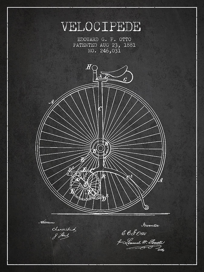 Velocipede Patent Drawing From 1881 - Dark Digital Art