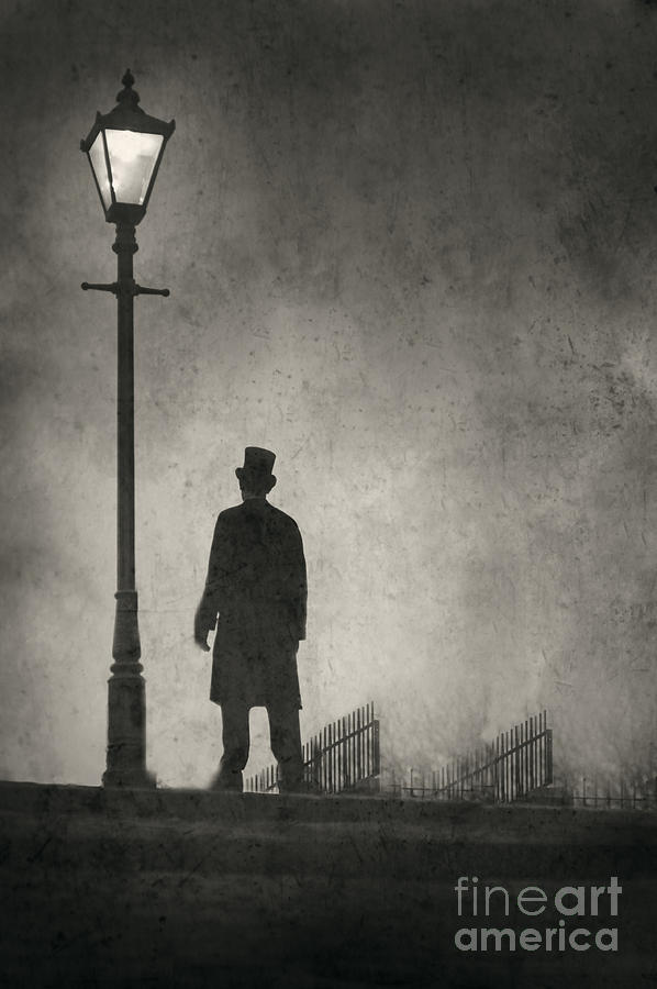 Victorian Man Standing Next To An Illuminated Gas Lamp Photograph by ...