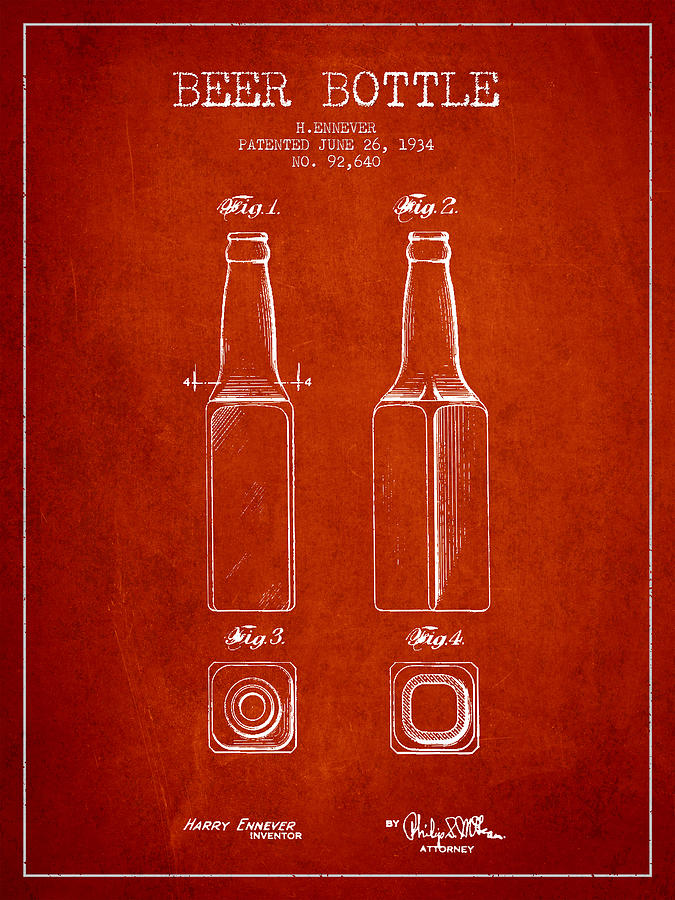 Vintage Beer Bottle Patent Drawing From 1934 - Red Digital Art