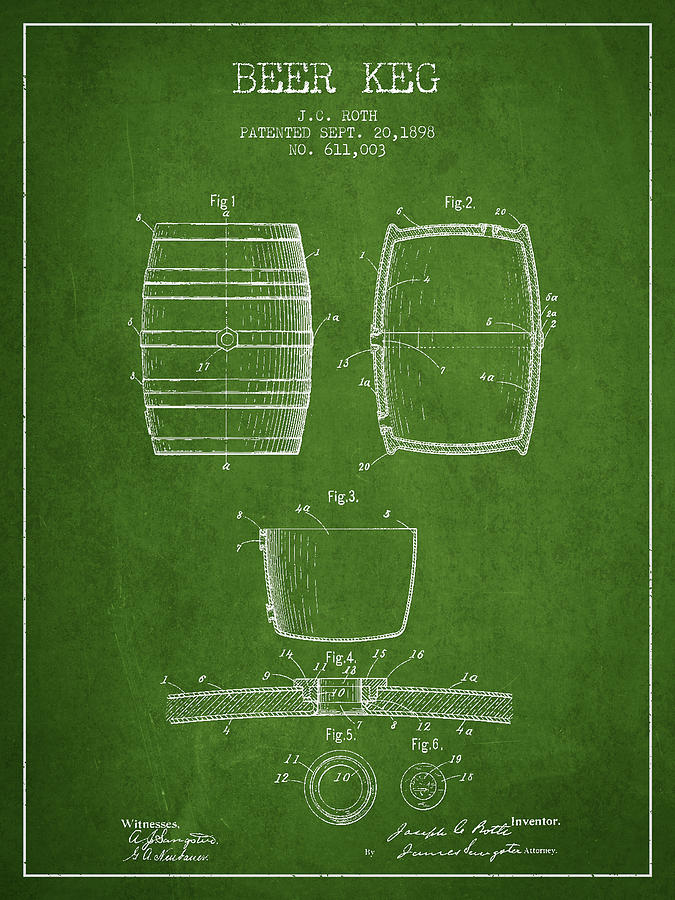 Vintage Beer Keg Patent Drawing From 1898 - Green Digital Art