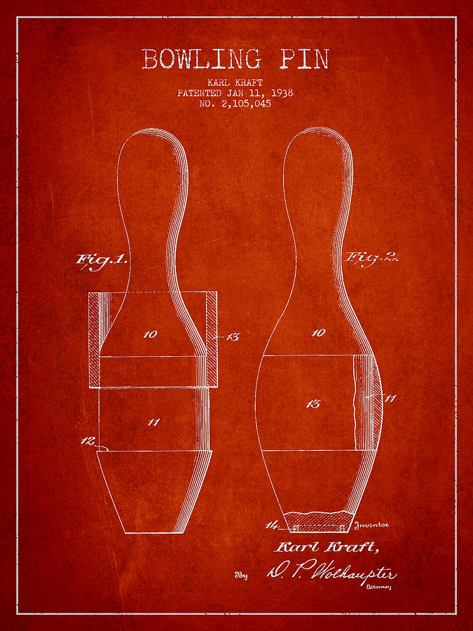 Vintage Drawing - Vintage Bowling Pin Patent Drawing from 1938 #3 by Aged Pixel