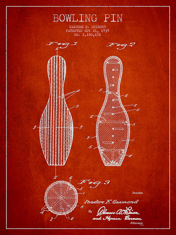 Vintage Drawing - Vintage Bowling Pin Patent Drawing from 1939 #3 by Aged Pixel
