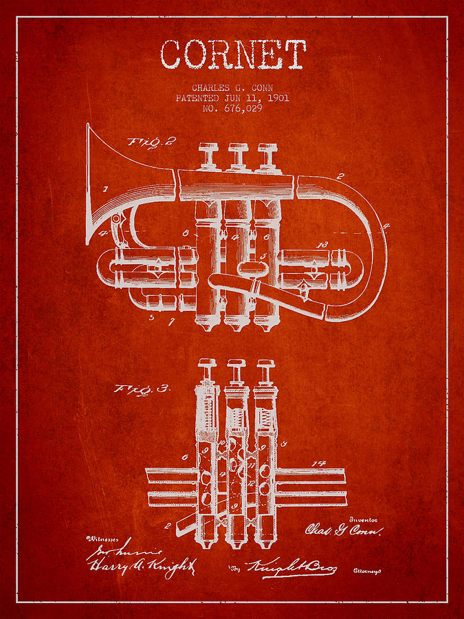 Cornet Patent Drawing From 1901 - Red Digital Art