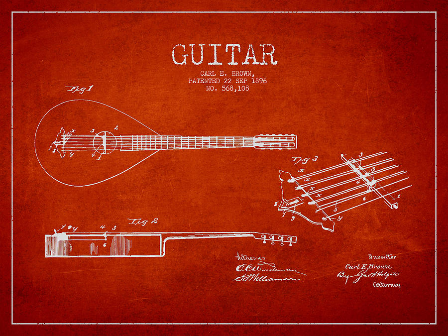 Music Drawing - Vintage Guitar Patent Drawing from 1896 #5 by Aged Pixel