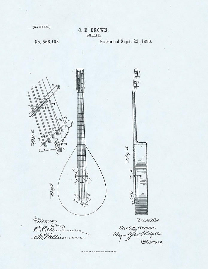 Guitar Patent Drawing on blue background #8 Drawing by Steve Kearns