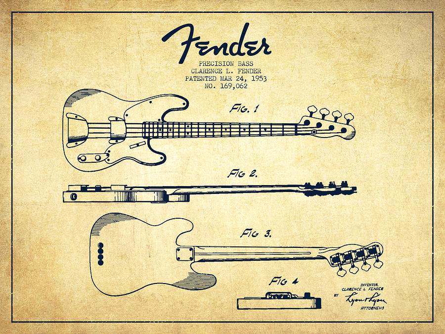 Bass Drawing - Vintage Precision Bass Patent Drawing from 1953 #1 by Aged Pixel