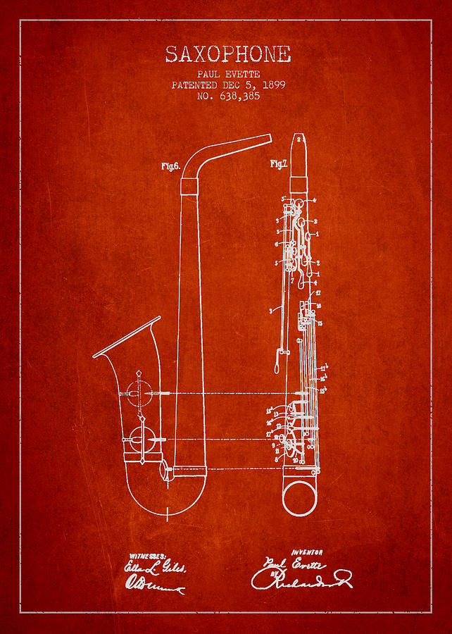 Musician Digital Art - Saxophone Patent Drawing From 1899 - Red by Aged Pixel