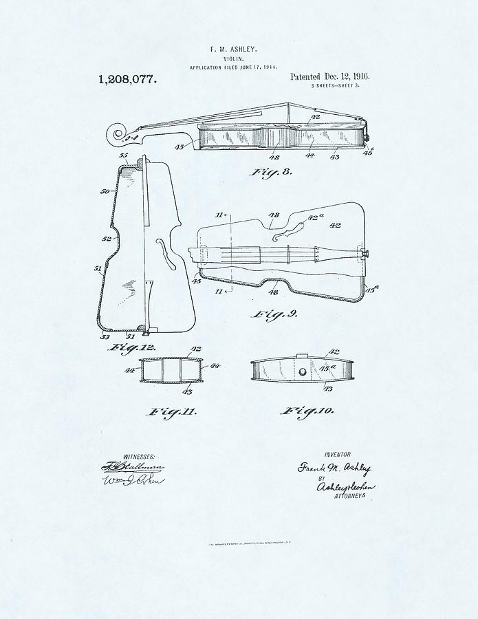 Violin Patent drawing on blue background #3 Drawing by Steve Kearns