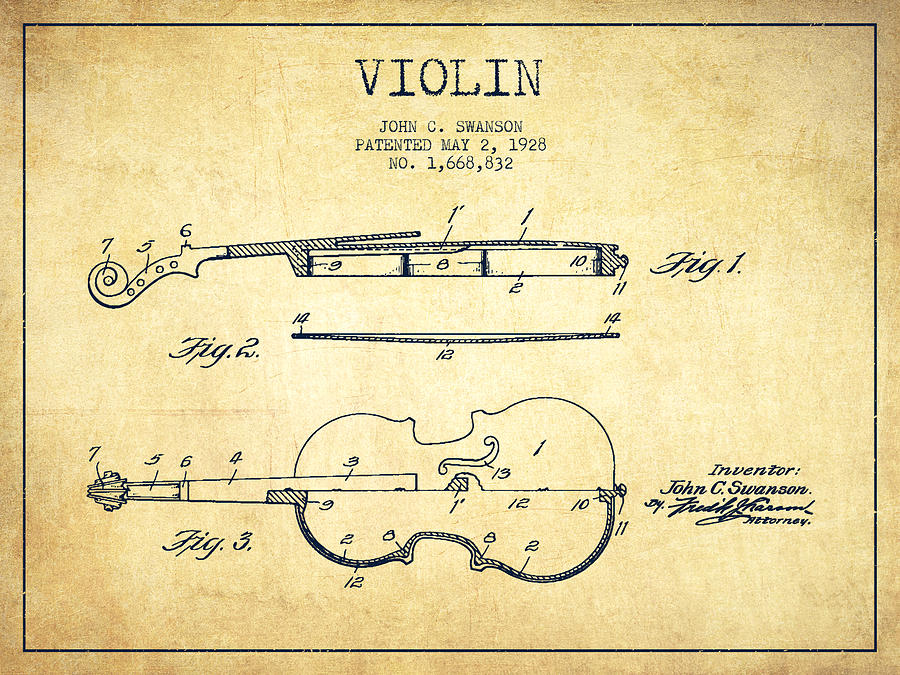Musician Drawing - Violin Patent Drawing From 1928 #1 by Aged Pixel