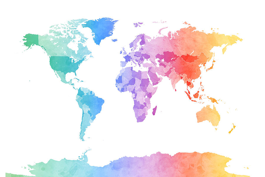 Watercolor Map of the World Map #2 Digital Art by Michael Tompsett
