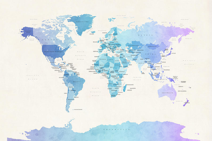 Watercolour Political Map of the World #2 Digital Art by Michael Tompsett