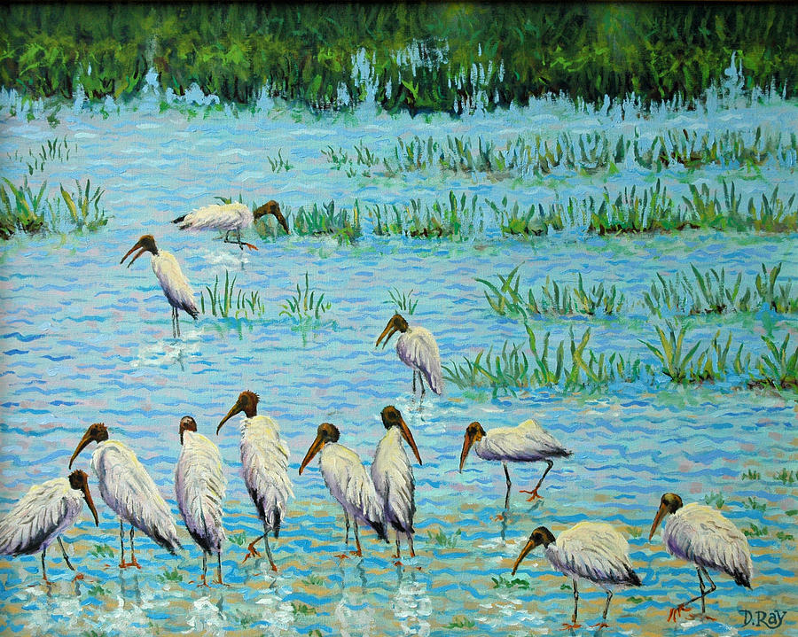 Bird Painting - Wood Stork Discussion Group by Dwain Ray