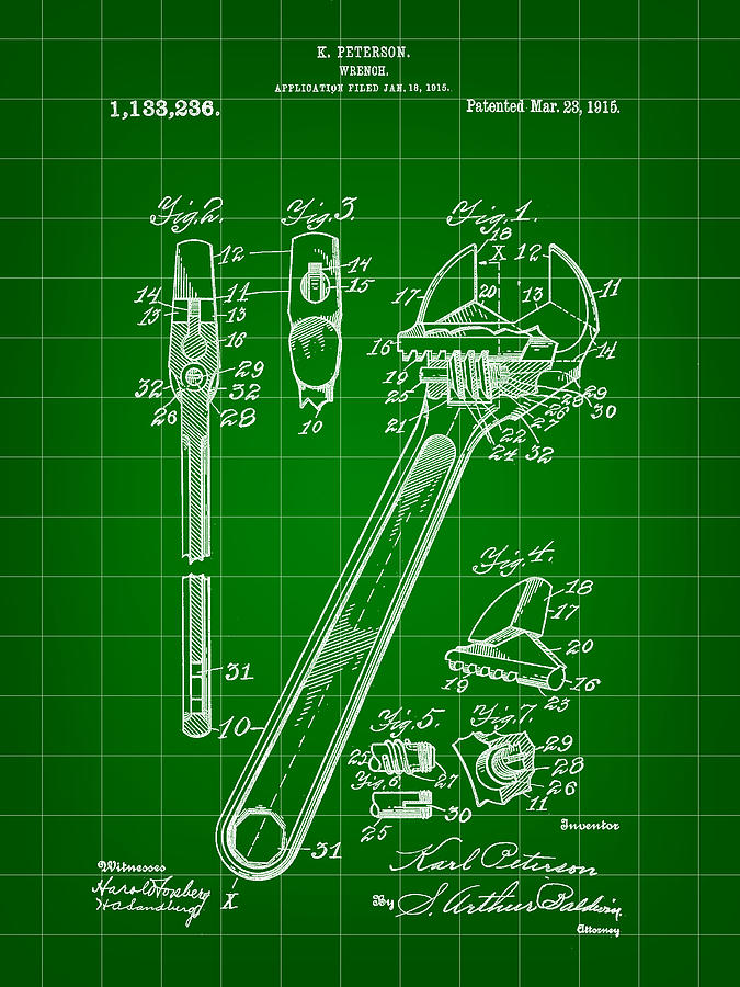 Wrench Patent 1915 - Green Digital Art by Stephen Younts