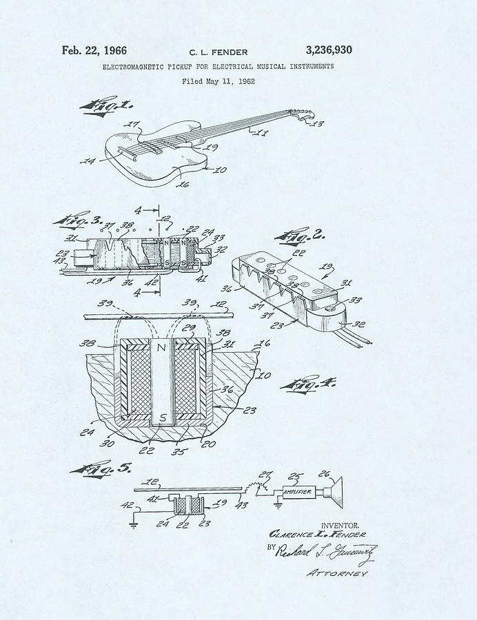 Guitar Patent Drawing on a blue background #4 Drawing by Steve Kearns