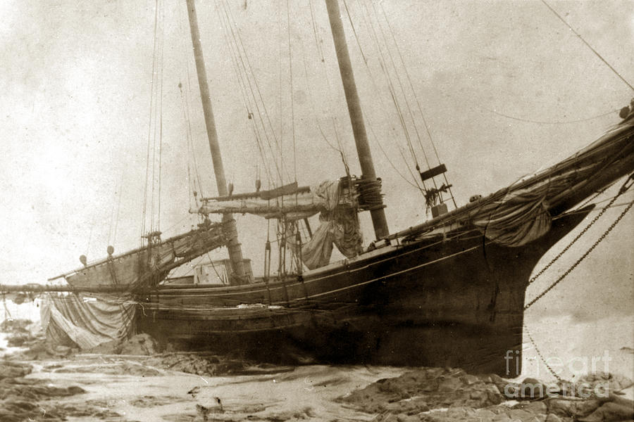 Beach Photograph - Two-masted schooner Electra shipwrecked on the beach near Cambria  1894 by Monterey County Historical Society