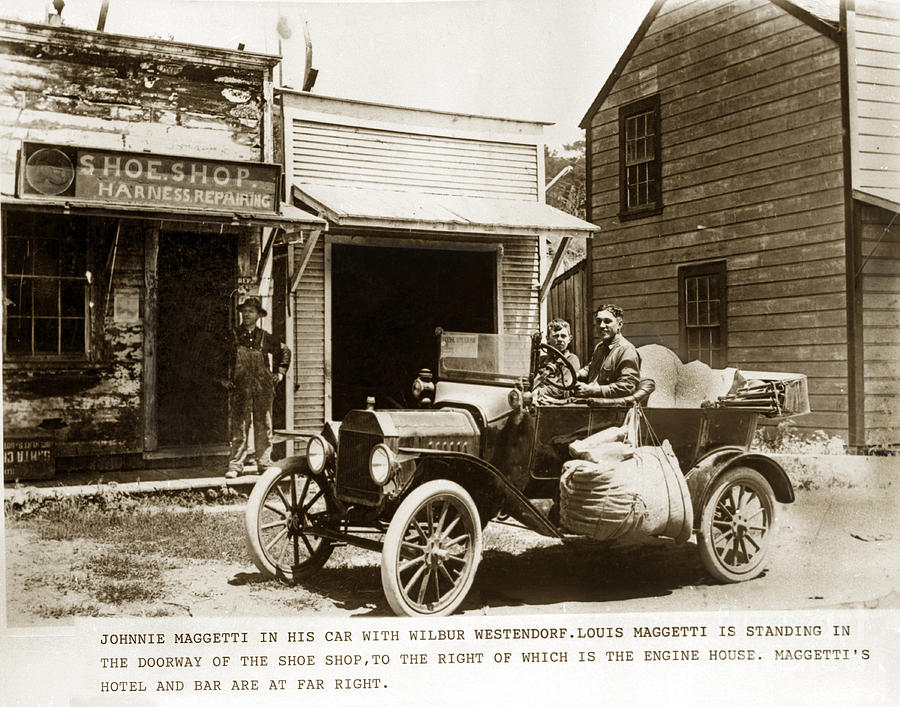 Circa 1915 Photograph - Johnnie Maggetti in his car Louis Maggetti in the  doorway San Luis Obispo County Circa 1915 by Monterey County Historical Society