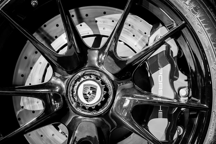 Black And White Photograph - 2011 Porsche 997 GT3 RS 3.8 Wheel Emblem -0989bw by Jill Reger