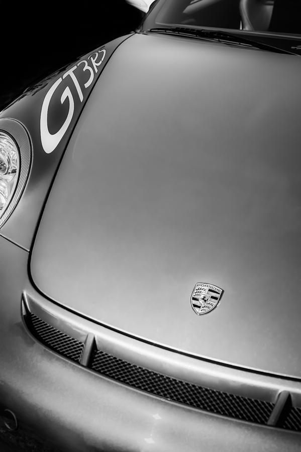 Black And White Photograph - 2011 Porsche GT 3 RS Hood Emblem -0710bw by Jill Reger