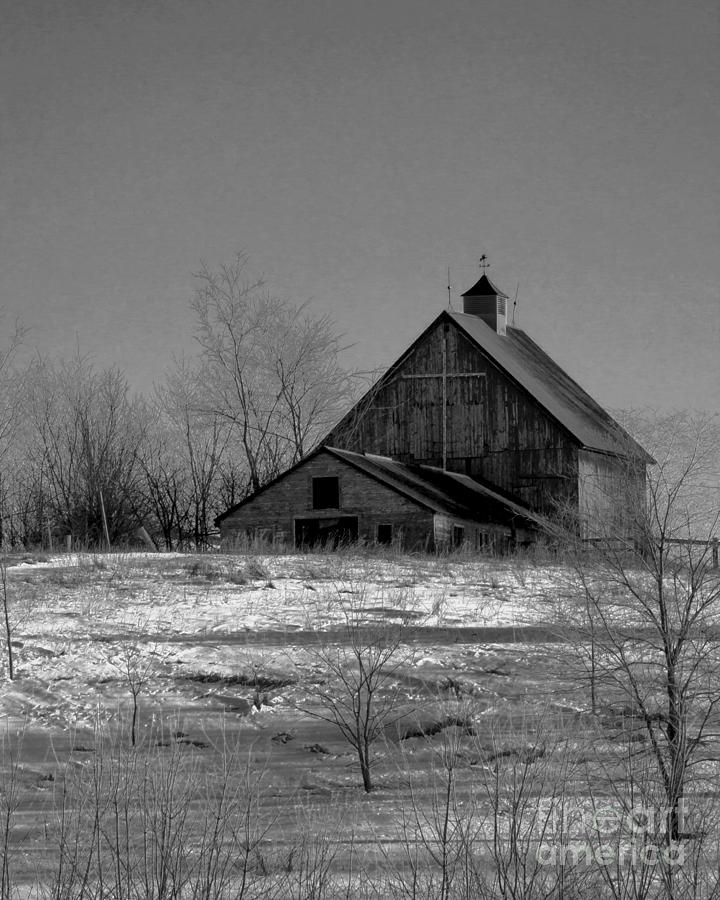 Old Barn With Christmas Cross Bw Photograph