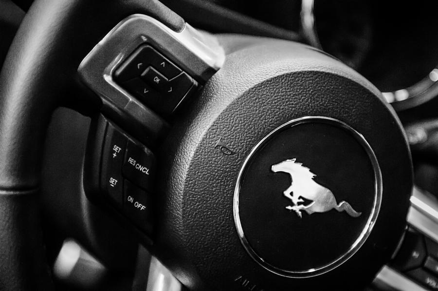 Black And White Photograph - 2015 Ford Mustang Steering Wheel Emblem -0259bw by Jill Reger