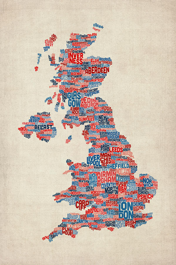 United Kingdom Digital Art - Great Britain UK City Text Map by Michael Tompsett