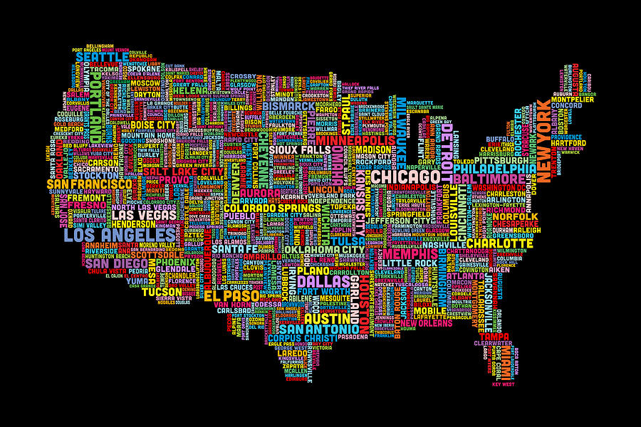 United States Typography Text Map #21 Digital Art by Michael Tompsett
