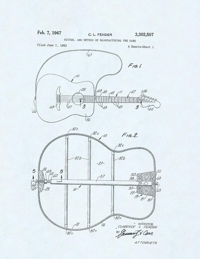 Guitar Patent Drawing on a Blue Background #3 Drawing by Steve Kearns