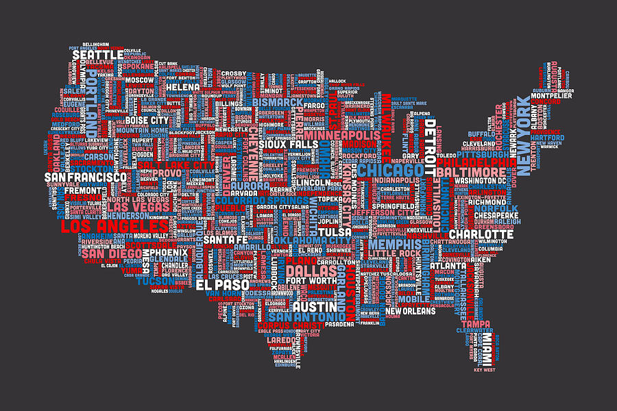 Typography Digital Art - United States Typography Text Map #22 by Michael Tompsett