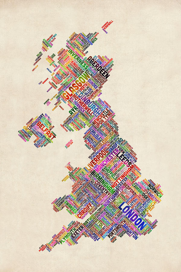 Great Britain UK City Text Map #23 Digital Art by Michael Tompsett